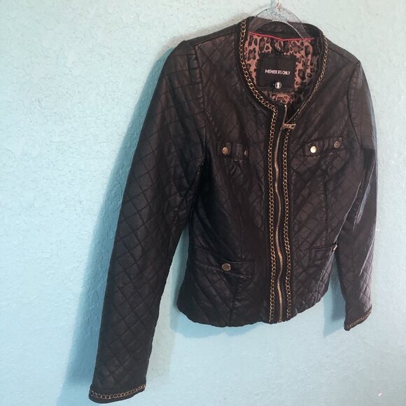 Members Only Womens Zip Front Moto Jacket Small Black Gold Tone Chain Link FLAWS - Picture 5 of 13